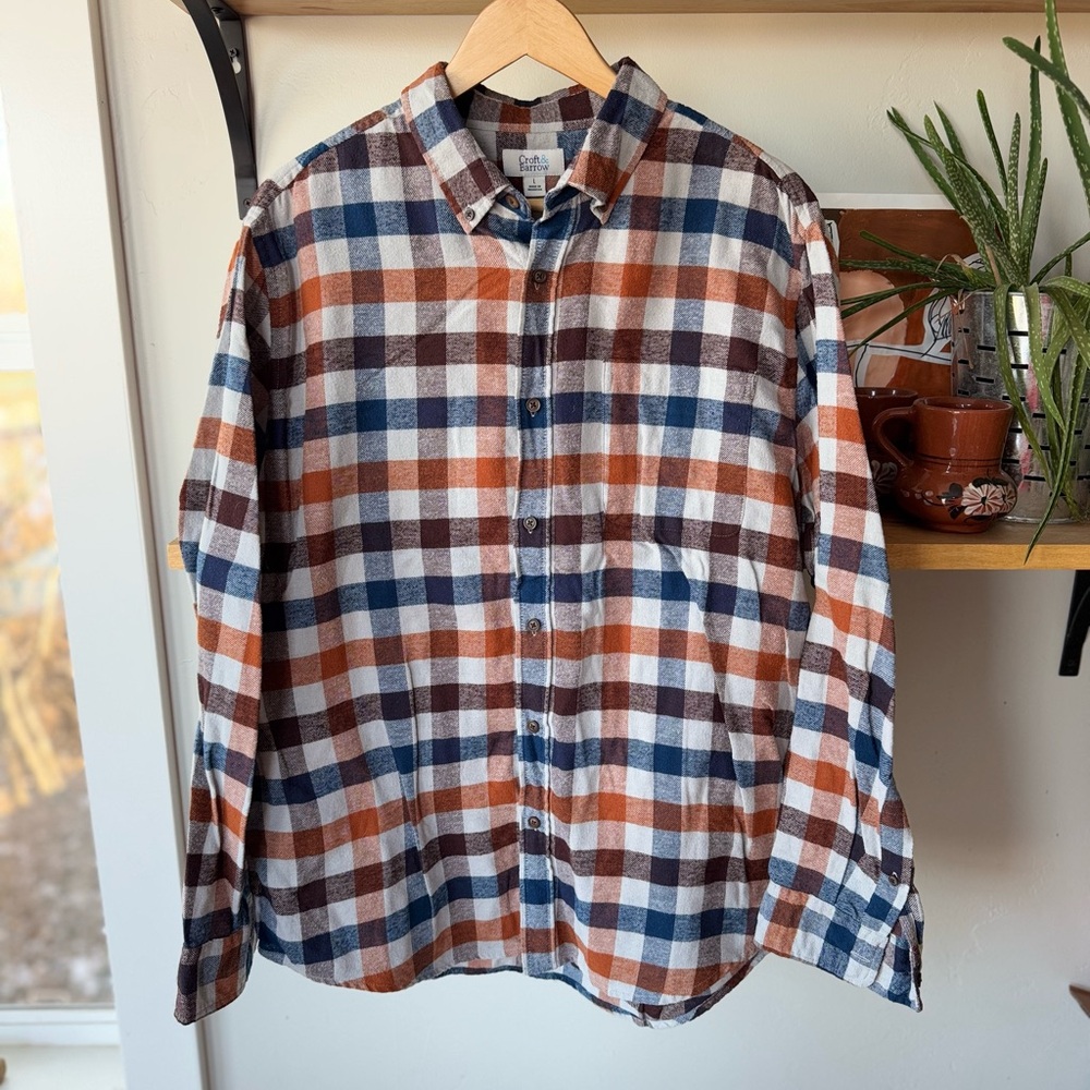 Croft & Barrow Gray Brown Orange Blue Plaid Windowpane Cotton Flannel Size Large